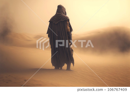 Man in coat stand in a desert sands during the storm. Sand in a air, dusty mist. Generative AI 106767409