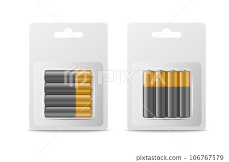 Vector 3d Realistic Four Alkaline Battery in Paper Bliste Icon Set Closeup Isolated. AA Size, Horizontal and Vertical Position. Design Template for Branding, Mockup 106767579