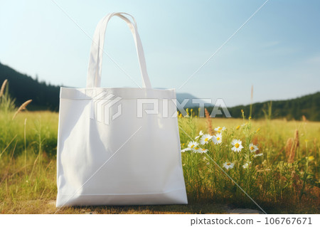 A white fabric picnic bag stands in a field in the grass with flowers 106767671