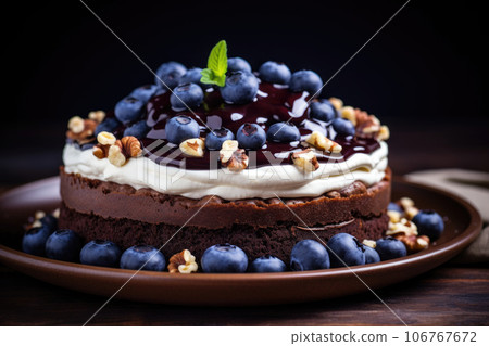 Layered chocolate cake with buttercream and berries 106767672