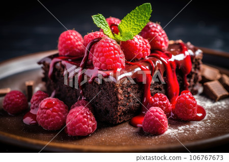 Chocolate brownie with a scoop of ice cream and raspberries Chocolate brownie with a scoop of ice cream and raspberries 106767673