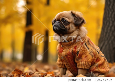 A Pekingese dog is sitting in an autumn forest in a warm sweater 106767696