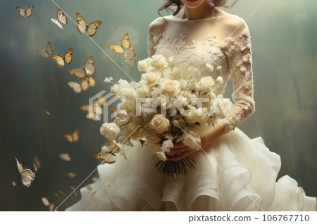 The bride in a lace dress holds in her hands a delicate bouquet of roses with butterflies 106767710