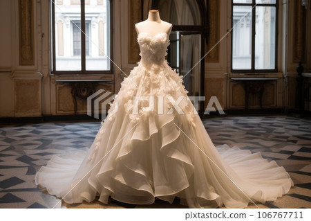 A magnificent wedding dress hangs on a mannequin in the salon 106767711