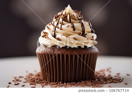 A chocolate cupcake with cottage cheese cream and chocolate chips stands A chocolate cupcake with cottage cheese cream and chocolate chips stands 106767714
