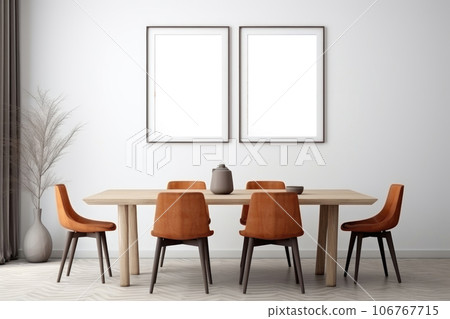 The interior of a modern kitchen and living room with a dining table and frames on the wall The interior of a modern kitchen and living room with a dining table and frames on the wall 106767715