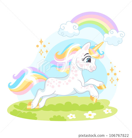 Cute cartoon character unicorn runs on a meadow vector 106767822