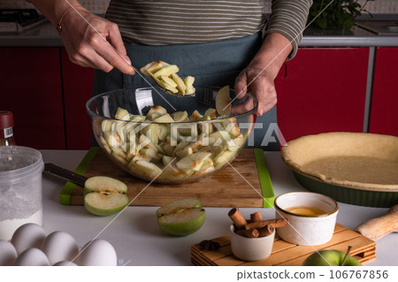 Woman mixing cutted apples in a bowl with spices, cinnamon, anice, sugar, cooking apple pie 106767856