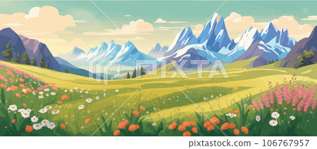 The landscape in different places is rich and magnificent. Vector background illustration. Panorama of the green mountain in the national park. Blooming alpine meadow. The landscape in different places is rich and magnificent. Vector background illustration. Panorama of the green mountain in the national park. Blooming alpine meadow. 106767957