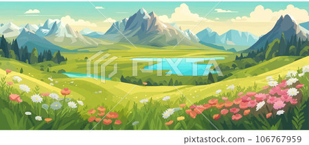 The landscape in different places is rich and magnificent. Vector background illustration. Panorama of the green mountain in the national park. Blooming alpine meadow. 106767959