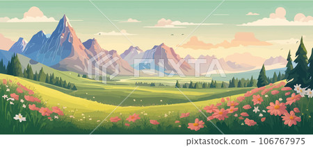 The landscape in different places is rich and magnificent. Vector background illustration. Panorama of the green mountain in the national park. Blooming alpine meadow. 106767975