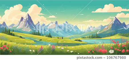 The landscape in different places is rich and magnificent. Vector background illustration. Panorama of the green mountain in the national park. Blooming alpine meadow. The landscape in different places is rich and magnificent. Vector background illustration. Panorama of the green mountain in the national park. Blooming alpine meadow. 106767980