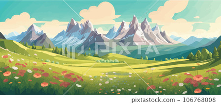 The landscape in different places is rich and magnificent. Vector background illustration. Panorama of the green mountain in the national park. Blooming alpine meadow. 106768008