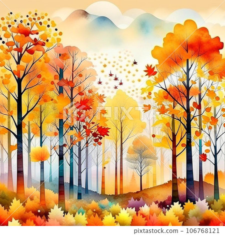 Autumn forest landscape. Colorful watercolor painting of fall season. Red, green and yellow trees. Autumn forest landscape. Colorful watercolor painting of fall season. Red, green and yellow trees. 106768121
