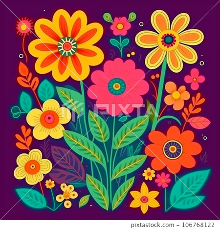 Ornamental flowers with stems and leaves. Watercolor art on purple background. Ornamental flowers with stems and leaves. Watercolor art on purple background. 106768122