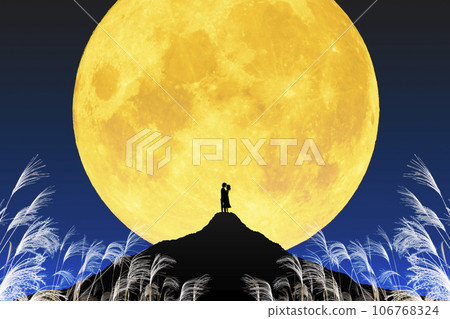 A silhouette of a couple vowing eternal love with the full moon in the background. Autumn moon viewing image. 106768324