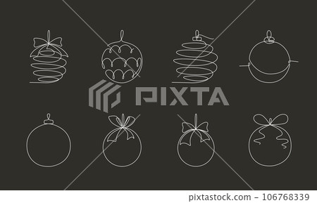 Christmas ball set, continues one single line hand drawing. Vector stock illustration isolated on black background for design template winter holiday banner, card, invitation. Editable stroke. EPS10 Christmas ball set, continues one single line hand drawing. Vector stock illustration isolated on black background for design template winter holiday banner, card, invitation. Editable stroke. EPS10 106768339