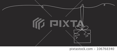 Gift box with bows hand drawing single line. Vector stock illustration isolated on background for design template Christmas, wedding or birthday banner, invitation, greeting card. Editable stroke. 106768340