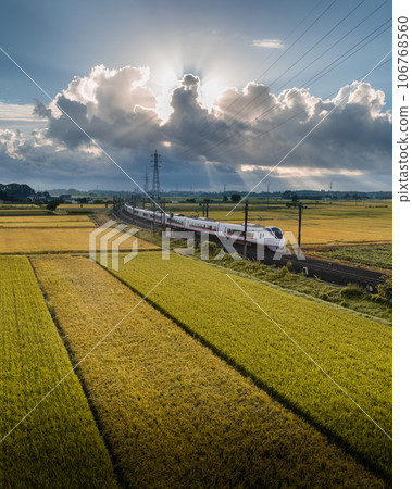 Mito City, Ibaraki Prefecture, Joban Line passing through autumn rice fields Mito City, Ibaraki Prefecture, Joban Line passing through autumn rice fields 106768560
