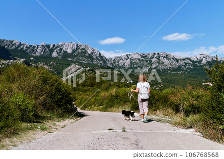 A woman and a dog are walking far along a road in a mountainous area. 106768568