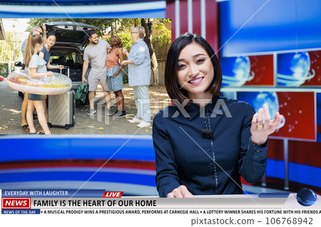 Headline story about family love on live television program, asian presenter discussing about togetherness and happiness. News anchor presenting advertisement on relatives, tv channel. 106768942