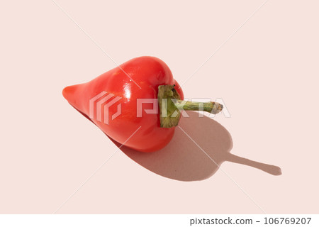 A pod of red hot pepper with a hard shadow on a light pink background. A pod of red hot pepper with a hard shadow on a light pink background. 106769207