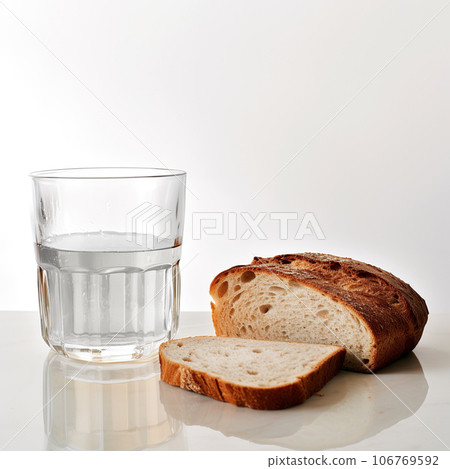 Bread and water close-up. Sliced bread and a glass of water on a white background. Bread and water close-up. Sliced bread and a glass of water on a white background. 106769592