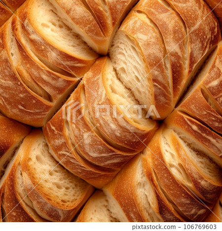 Freshly baked bread close-up. French baguette. The texture of white sliced bread. Healthy food. 106769603