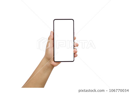 The hand is holding the white screen, the mobile phone is isolated on a white background with the clipping path. The hand is holding the white screen, the mobile phone is isolated on a white background with the clipping path. 106770034