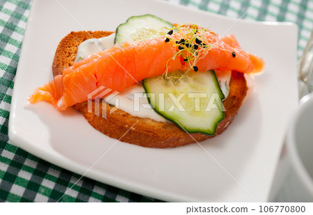 Toasted bread with creamy sauce, salmon and cucumber Toasted bread with creamy sauce, salmon and cucumber 106770800