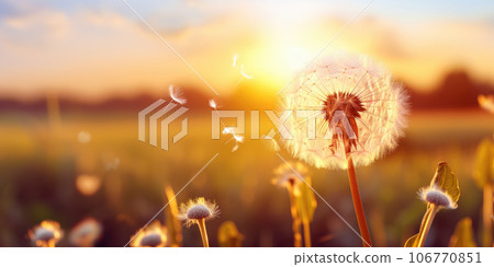 Dandelion develops in the wind. Created with AI tools 106770851