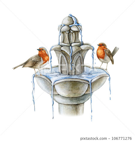 Couple of robin birds perched on a drinking fountain. Watercolor illustration. Hand drawn cozy decor element. Pair of robins on a garden decorative fountain. White background Couple of robin birds perched on a drinking fountain. Watercolor illustration. Hand drawn cozy decor element. Pair of robins on a garden decorative fountain. White background 106771276
