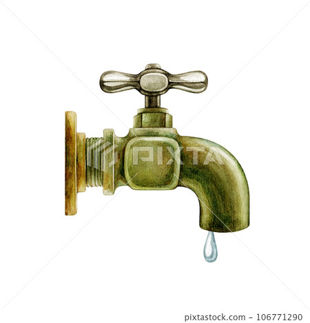 Vintage style copper faucet with a water drop. Watercolor illustration. Hand drawn retro leaking water tap element. Vintage copper faucet on white background 106771290