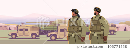 male and female army soldiers in camouflage helmets and life vests standing together military service happy labor day celebration 106771338