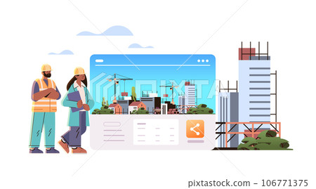 woman man architects or engineers in uniform standing near unfinished building construction site background horizontal 106771375