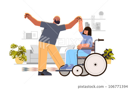 disabled woman sitting in wheelchair and dancing with man people with disabilities concept horizontal 106771394