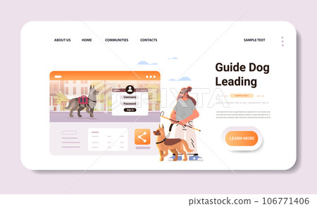 bling woman walking with guide dog assistant animal leading female character confident navigation people with disabilities concept 106771406