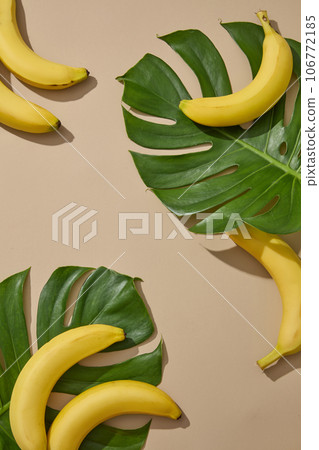 Concept of natural and organic fruit with bananas and few green leaves arranged over beige background. Bananas (Musaceae) are also great for healing wounds 106772185