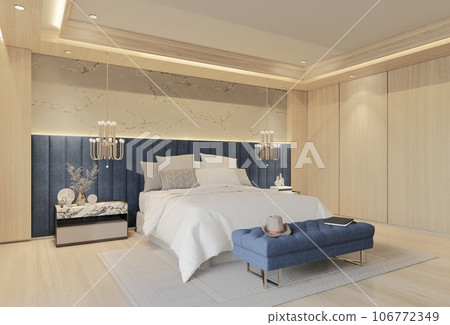 Modern Luxury Bedroom with Ocean Blue Color. 3D Illustration Render 106772349