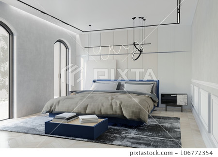 Modern Luxury Bedroom with Ocean Blue Color. 3D Illustration Render Modern Luxury Bedroom with Ocean Blue Color. 3D Illustration Render 106772354