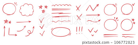 Red line check mark, underline, circle. Hand drawn doodle sketch red marker stroke emphases, highlight, check mark elements. Study focus, important underline, circle sketch. Vector 106772823