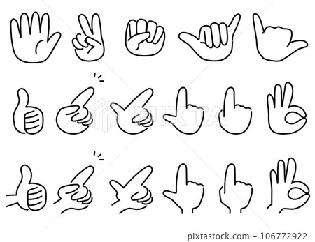Monochrome icon set of various hand signs. Line drawing hand poses representing pointing, OK signs, etc. Monochrome icon set of various hand signs. Line drawing hand poses representing pointing, OK signs, etc. 106772922