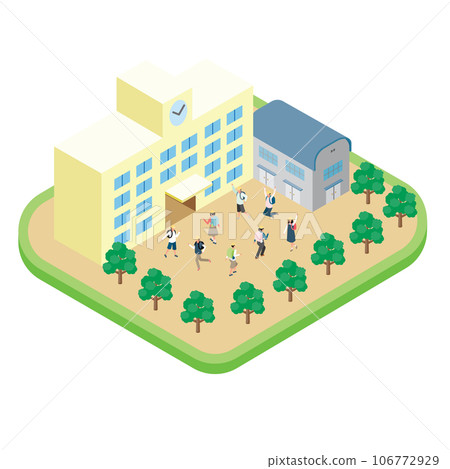 孩子們在操場上玩耍的小學的等距圖 孩子們在操場上玩耍的小學的等距圖 106772929