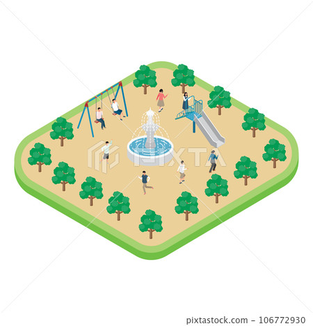 孩子們在有噴泉的公園裡玩耍的等距圖 106772930