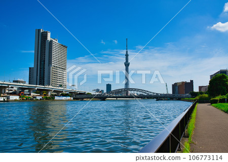 The view of Tokyo Sky Tree and the beautiful Shirahige Bridge from Sumida River Terrace The view of Tokyo Sky Tree and the beautiful Shirahige Bridge from Sumida River Terrace 106773114