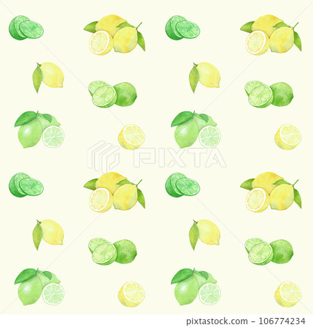 Lemon and lime pattern on yellow background Lemon and lime pattern on yellow background 106774234