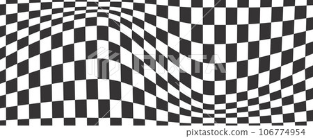 Checkerboard wavy pattern. Abstract chess square print. Black and white psychedelic optical illusion. Warped flag with geometric graphic. Y2k design for banner Checkerboard wavy pattern. Abstract chess square print. Black and white psychedelic optical illusion. Warped flag with geometric graphic. Y2k design for banner 106774954
