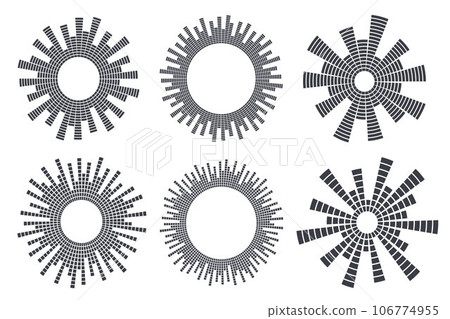 Circle sound wave. Audio music equalizer. Round circular icons set. Spectrum radial pattern and frequency frame. Vector design Circle sound wave. Audio music equalizer. Round circular icons set. Spectrum radial pattern and frequency frame. Vector design 106774955