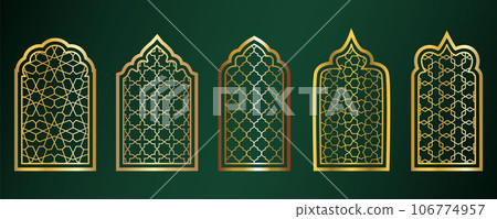 Golden amadan windows. Islamic door frames with ornament. Arabic mosque arch on green background. Islamic vector decoration Golden amadan windows. Islamic door frames with ornament. Arabic mosque arch on green background. Islamic vector decoration 106774957