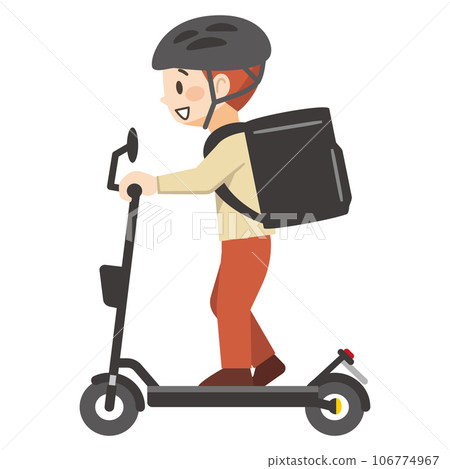 Illustration of a delivery man riding an electric kickboard Illustration of a delivery man riding an electric kickboard 106774967